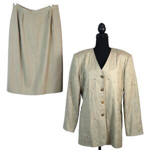 Vintage Y2K Kasper ASL Khaki Beige LINEN Skirt Suit Set 14 Embroidered Summer